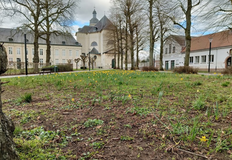 abdij met paasbloemen