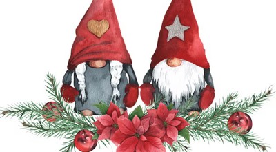 Twee kerstmannetjes met grote rode muts